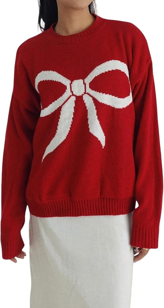 Women’s Y2k Casual Loose Sweatshirts Long Sleeve Round Neck Sweatshirts Girl Bow Graphic Print ... | Amazon (US)