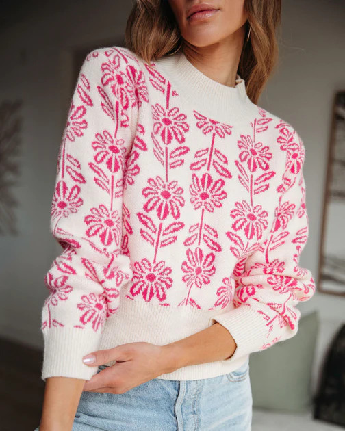 Field Of Daisies Knit Sweater - Pink/Ivory | VICI