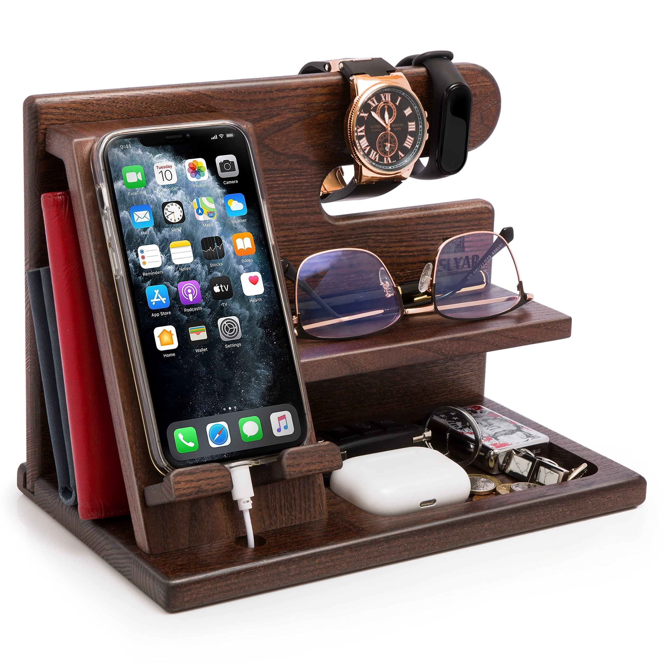 TESLYAR Wood Phone Docking Station for Men - Desktop or Nightstand Organizer - Birthday Gifts for... | Amazon (US)