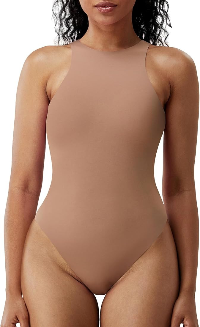 SHAPERX Body-Hugging T-shirt Bodysuit Tops for Women Soft Crew Neck Body Suits Thong Jumpsuit | Amazon (US)