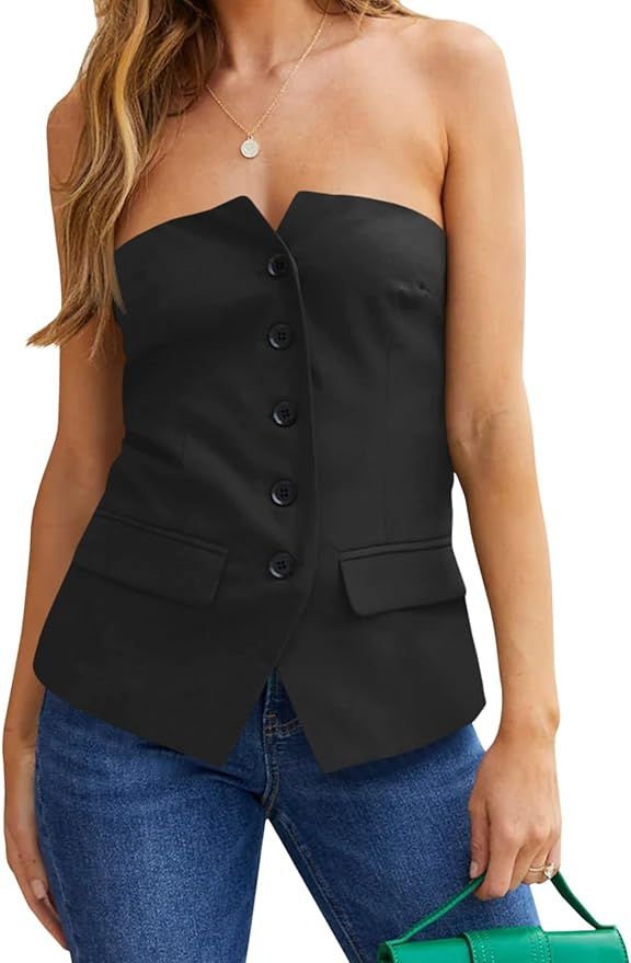 Cicy Bell Notched Neck Tube Tops Blazer Sleeveless Button Fitted Strapless Work Blazer Vest | Amazon (US)