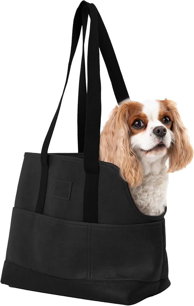Luxury Dog Purse Carrier - Black Faux Leather Pet Carrier, Secure Harness Clip, Tote Bag for Smal... | Amazon (US)