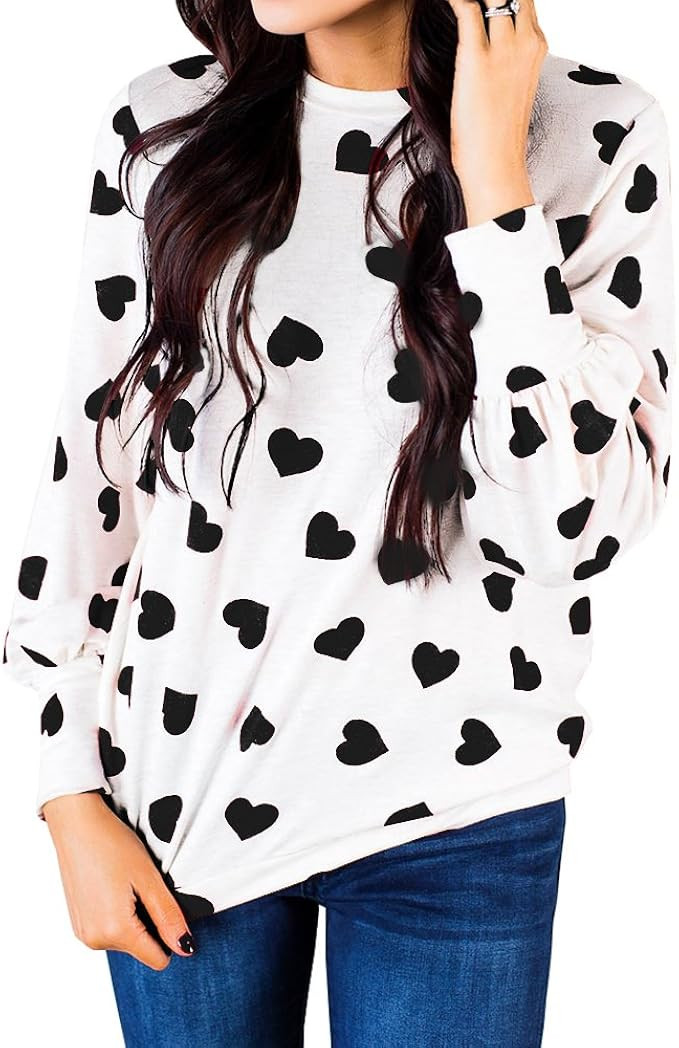Ivay Womens Heart Printed Long Sleeve Tops Tee Shirts | Amazon (US)