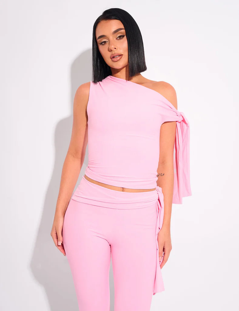 Knot Detail Asymmetric One Shoulder Luxe Slinky Top Pink | Public Desire