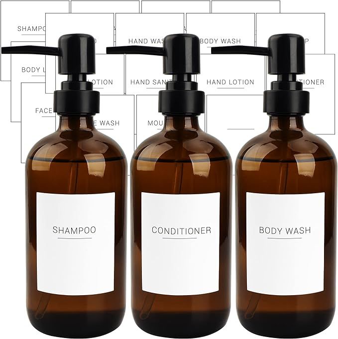Ezebesta Set of 3 Amber Glass 16.9oz Soap Dispensers with 22 White Labels Bathroom Liquid Bottle ... | Amazon (US)