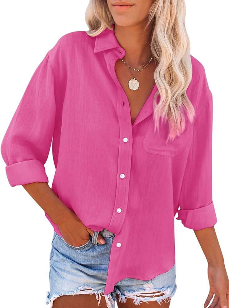 siliteelon Womens Button Down Shirts Cotton Dress Shirts Long Sleeve Blouses V Neck Solid Casual ... | Amazon (US)