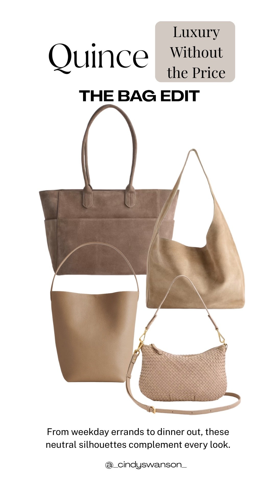 A great neutral handbag can work with just about everything. These Quince styles include roomy totes, an easy shoulder bag, a structured everyday tote, and a woven crossbody, versatile options that can take you from weekday errands to dinner out.

#LTKTravel