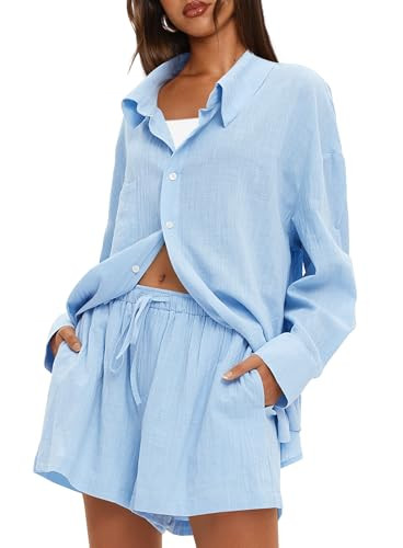 Darong Women's Summer 2 Piece Outfit Sets Long Sleeve Button Down Shirts Matching Short Sets Beac... | Amazon (US)