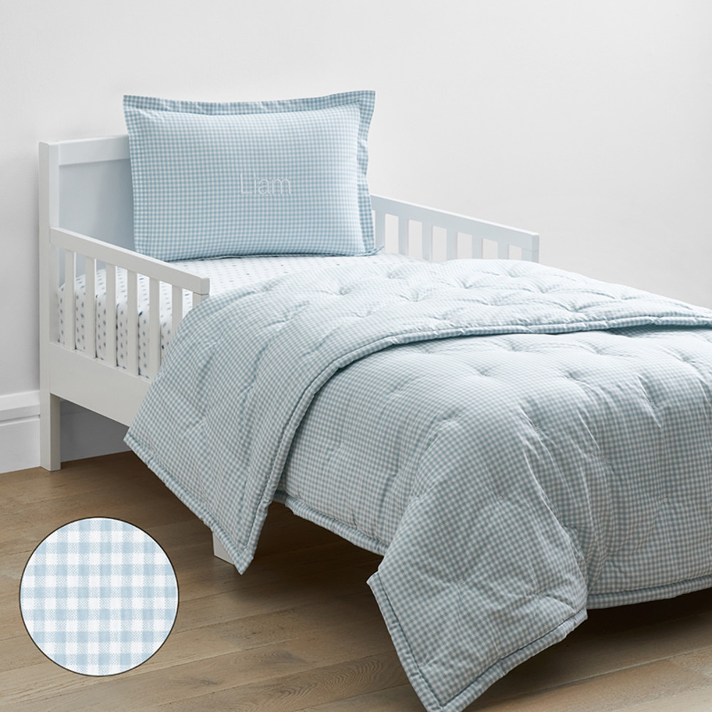 Ditsy Gingham Classic Cool Organic Cotton Percale Toddler Comforter Set - Blue | The Company Store