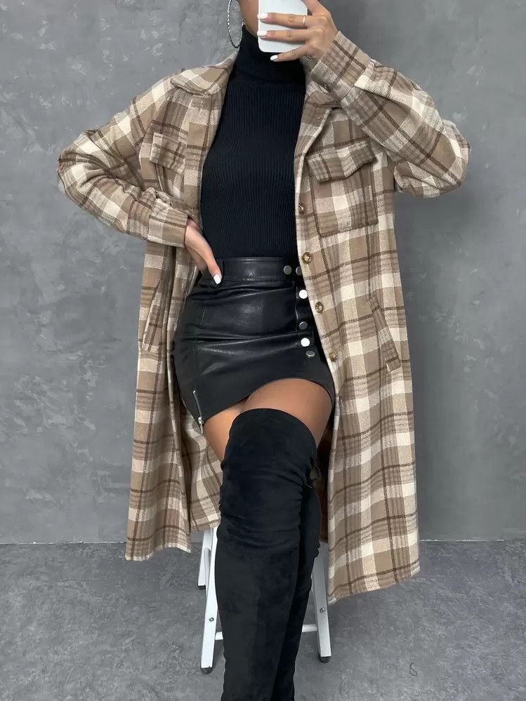 Chiquease Plaid Print Flap Pocket Drop Shoulder Coat Fall Winter Cloth For Women | SHEIN