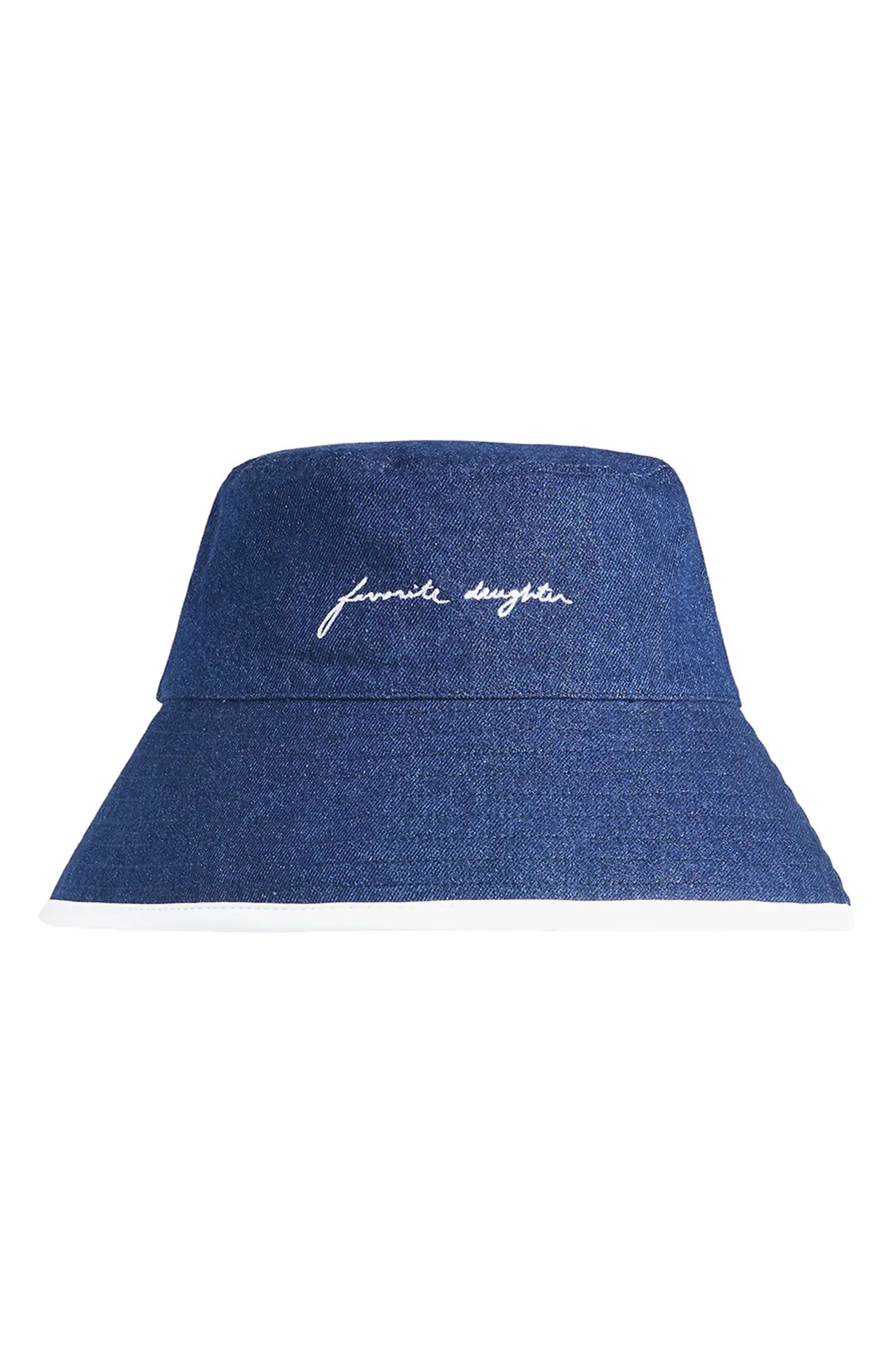Favorite Daughter Contrast Binding Cotton Denim Bucket Hat in Dark Wash at Nordstrom | Nordstrom