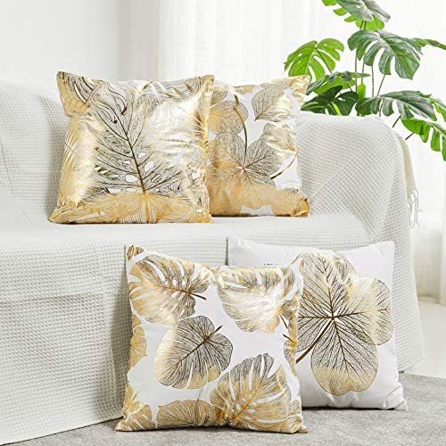 NeatBlanc Pack of 4 Decorative Throw Pillow Case Cushion Cover Gold Stamping Leaves 18 x 18 inche... | Amazon (US)