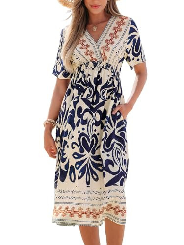 CUPSHE Summer Womens Summer Dresses V Neck Short Sleeve Vacation Casual Smocked Beach Midi Wedding Guest Dress Blue Paisley, XS | Amazon (US)