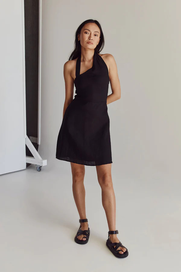 ZOEY BLACK ASYM LINEN MINI DRESS | DISSH