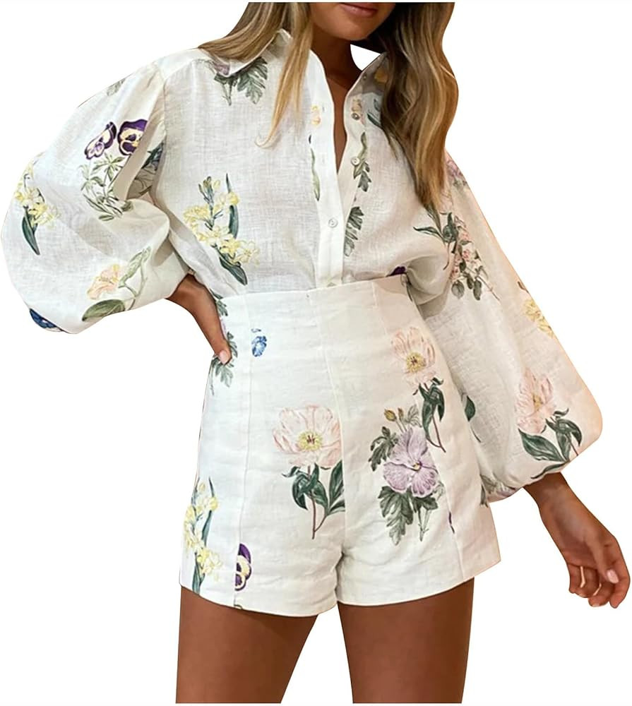 HGps8w Women's Cotton Linen 2 Piece Outfits Dressy Embroidery Puff Long Sleeve Blouses with Short... | Amazon (US)