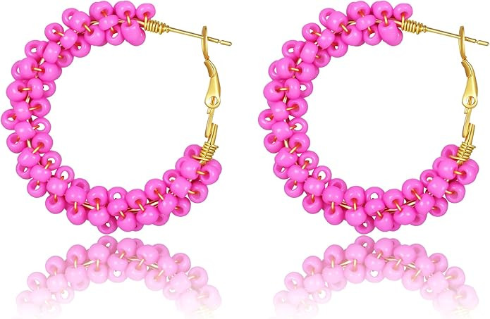 Colorful Fun Beaded Earrings for Women，Boho Flower Hoop Earrings，Exquisite Handmade Beaded Ea... | Amazon (US)