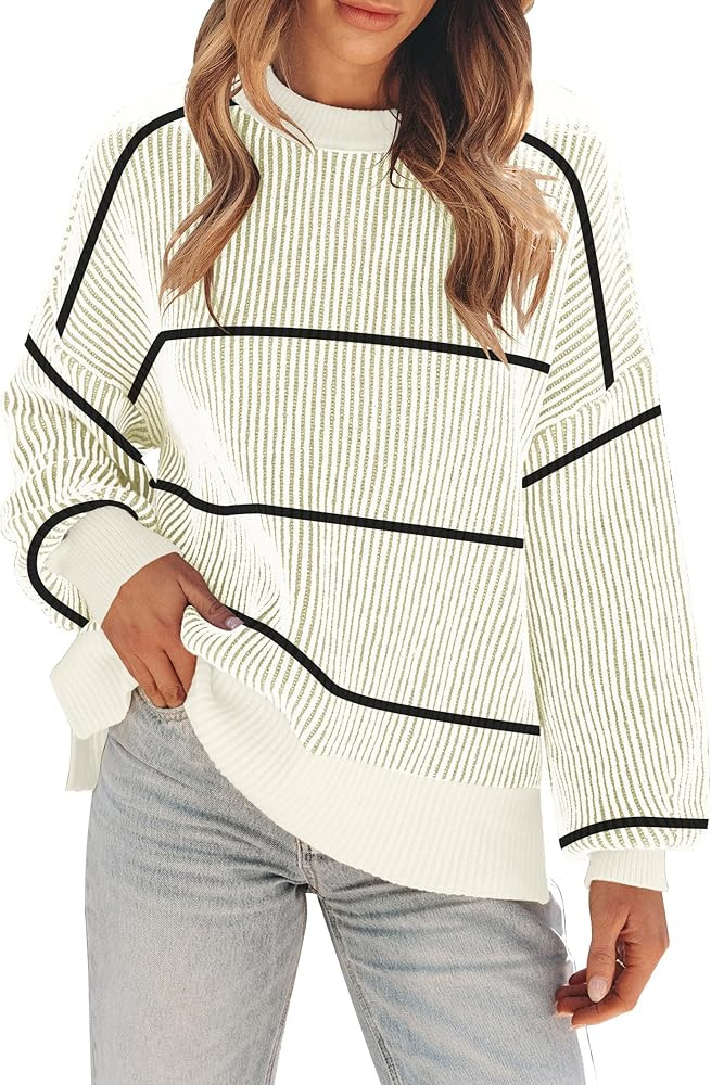 Womens Sweaters Fall 2024 Clothes Oversized Long Sleeve Colorblock Striped Knit Pullover Tops Cas... | Amazon (US)
