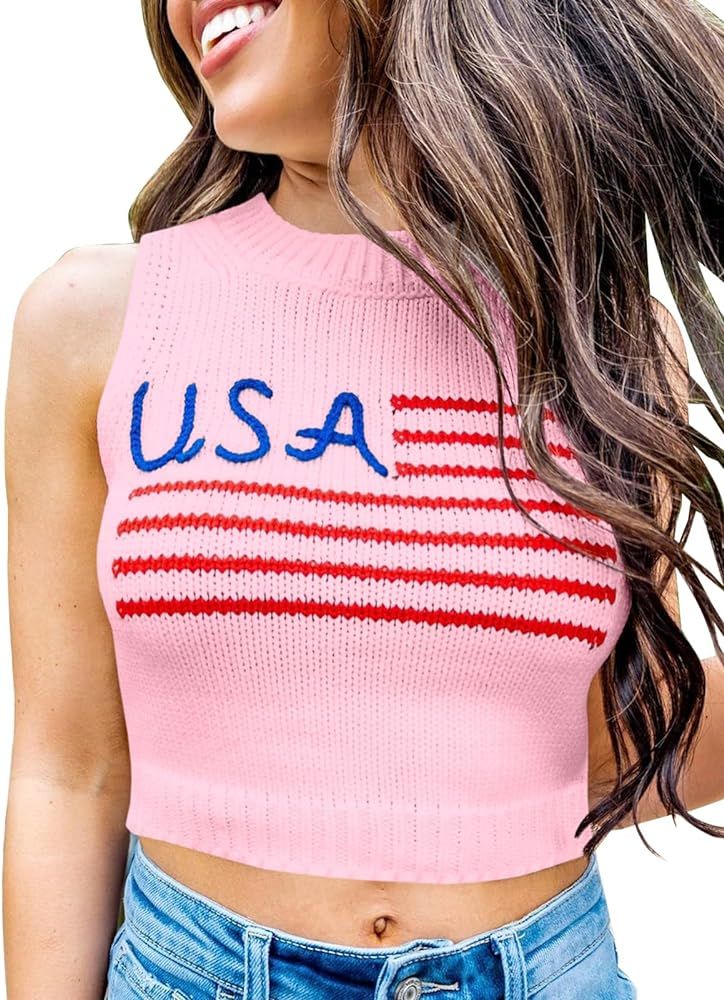 Tankaneo Womens American Flag Crop Tank Tops High Neck 4th of July Patriotic Summer Sleeveless Sh... | Amazon (US)