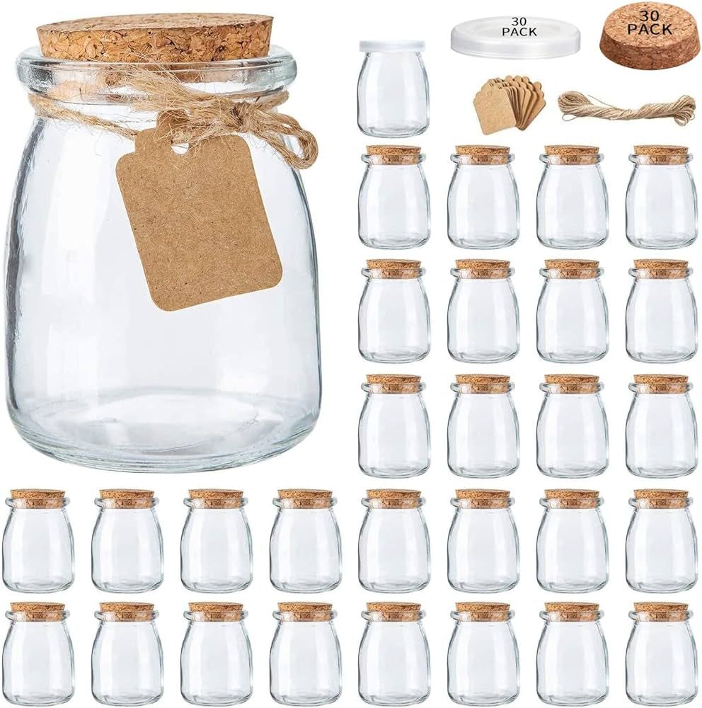 Mini Yogurt Jars 30 Pack, 7 oz Glass Favor Jars with Cork Lids, Pudding Containers with Lids, Mas... | Amazon (US)