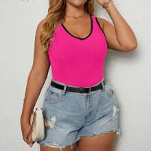 Plus Size Color Block Ribbed Sleeveless Top With Embellished Trim And Round Neckline, Summer Casual | SHEIN