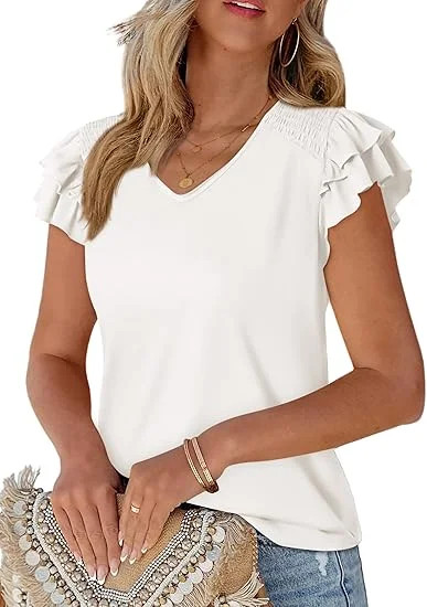 PRETTYGARDEN Women's Summer Basic Tops Trendy Casual Ruffle Short Sleeve V Neck Plain T Shirts Bl... | Walmart (US)