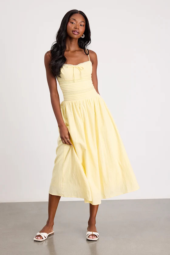 Elina Light Yellow Pleated Midi Dress | Lulus