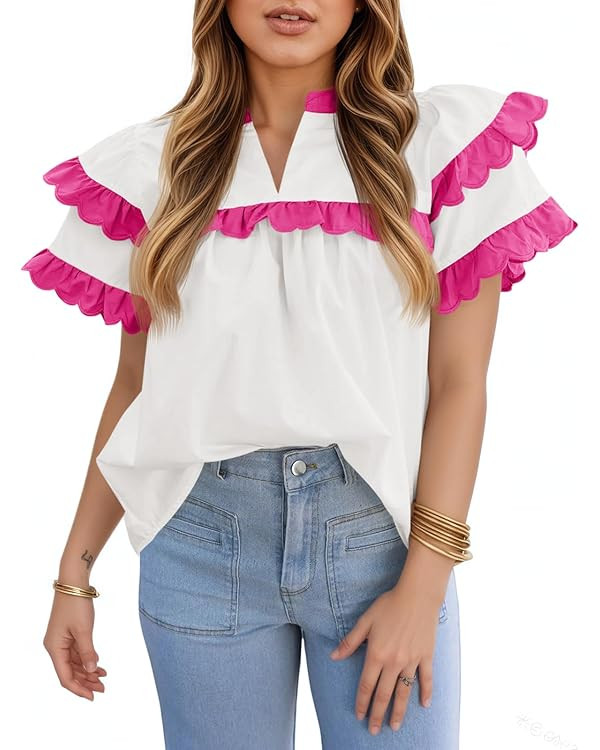 Tankaneo Womens Ruffle Sleeve Babydoll Tops Color Block Summer V Neck Pleated Blouse Dressy Casua... | Amazon (US)