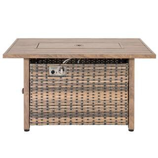 43 in. W x 25 in. H Rectangle Metal and Rattan Propane Gas Brown Fire Pit Table with Lid and Glass Beads | The Home Depot