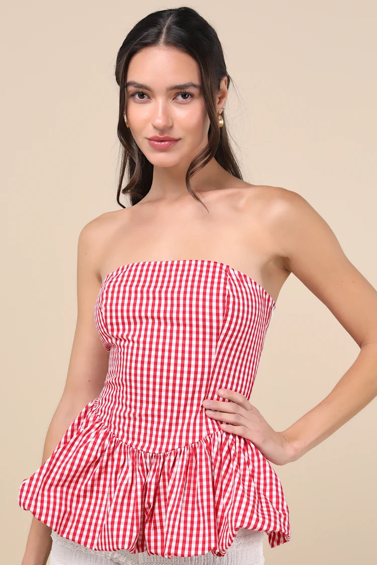 Damaria Red Gingham Strapless Peplum Top | Lulus