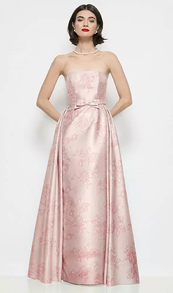 Strapless Bow-Waist Floral Satin Column Dress with Overskirt in Bow And Blossom Print | Dessy Group