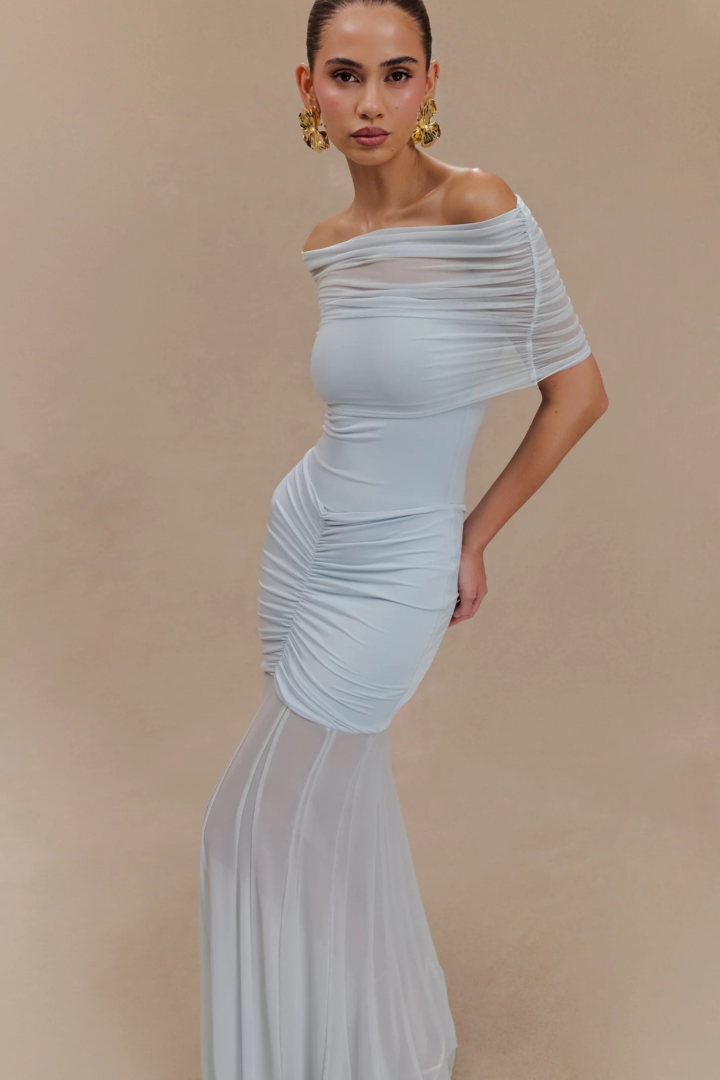 Caspian Slinky And Mesh Off Shoulder Maxi Dress - Pale Blue | Meshki UK