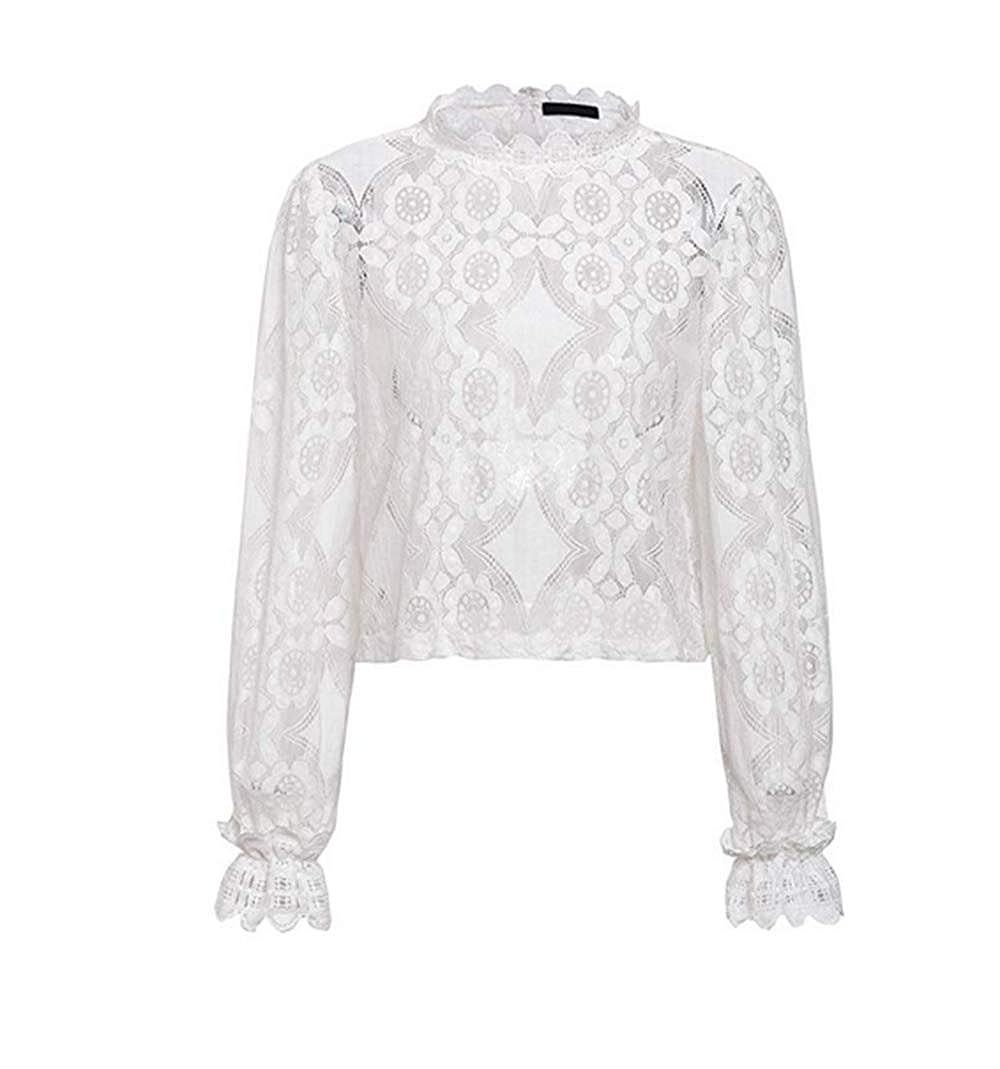 Asskdan Women's Mock Neck Long Sleeve Floral Mesh Lace Sheer Crochet Blouse Top T-Shirt | Amazon (US)