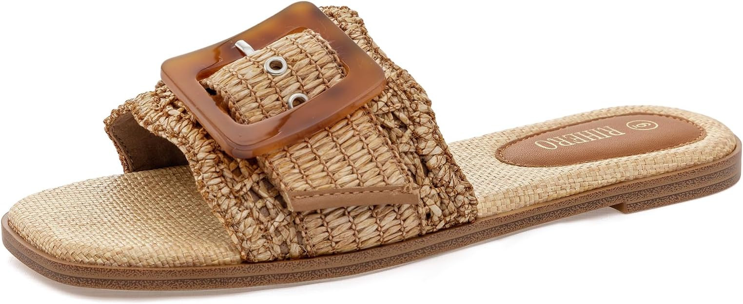 Rihero Women's Raffia Flat Sandals Square Open Toe Summer Beach Slip On Woven Buckle Slide Sandal... | Amazon (US)