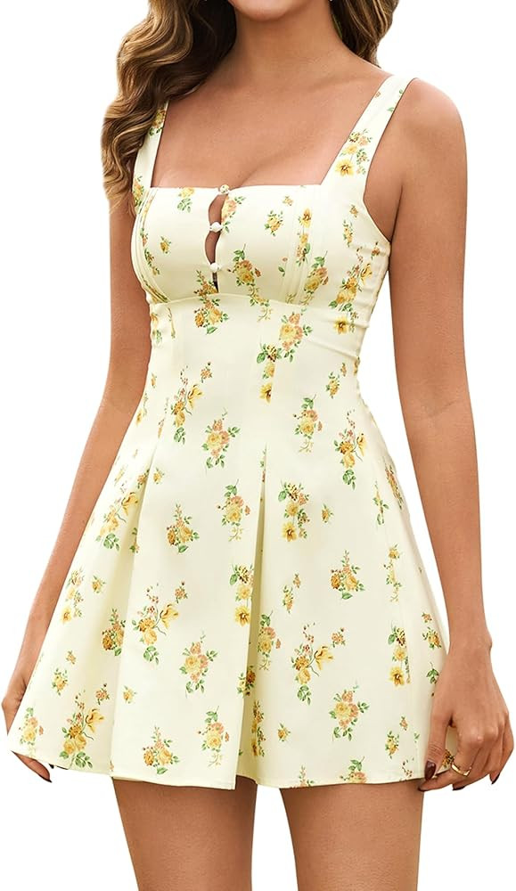 URYIAO Summer Floral Ruffle Mini Dresses for Women A Line Smocked Buttons Corset Boho Sundress Ca... | Amazon (US)