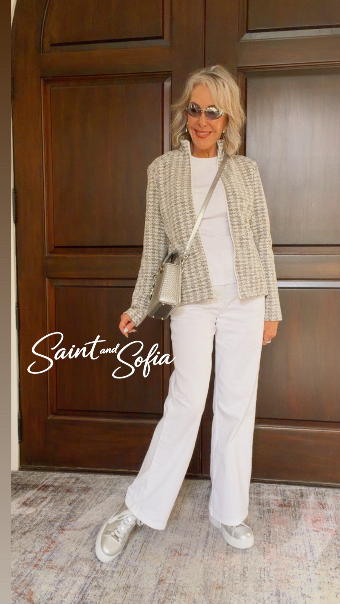 Saint & Sofia wide leg white jeans with back adjustable buckle. The best ribbed short sleeve white tee, 
The Keller Jacket in Cream Boucle is an athleisure-inspired jacket with a funnel collar and zipped fastening. It's handmade from a soft and stretchy cotton jersey and detailed with a light bouclé texture for a luxe finish. 

 metallic silver, the Portland Sneakers are a playful style to add to your collection. They're designed with all-day comfort in mind and crafted by hand from smooth leather to a low-top silhouette.

#LTKWorkwear #LTKgrwm #LTKOver40