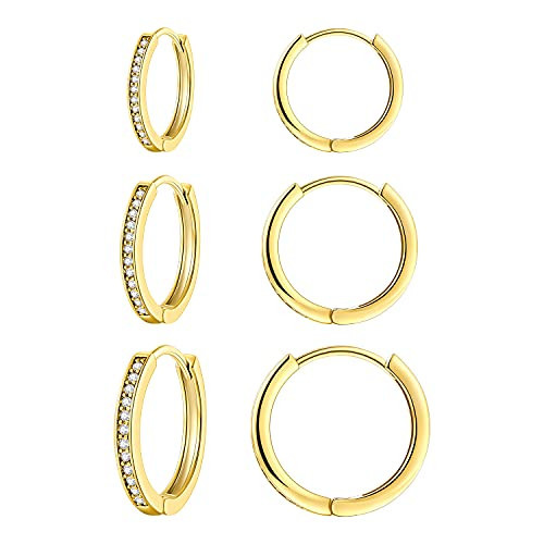 3 Pairs 14K Gold Plated Cubic Zirconia Hoop Earrings, Gold Huggies Hoops Earring for Women, 3 Sizes CZ Huggies Earrings for Women Gifts, 1.2cm/1.4cm/1.7cm… | Amazon (US)