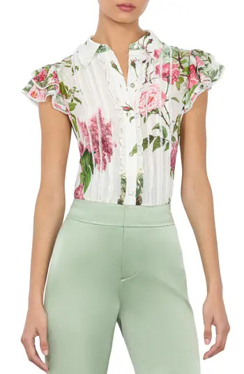 Alice + Olivia Minda Ruffle & Lace Silk Shirt in Rose Whisper at Nordstrom Rack, Size Small | Nordstrom Rack