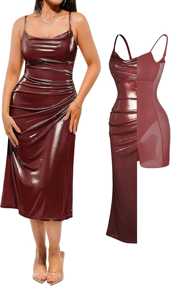 Popilush Formal Dresses for Women Built-in Bra Shapewear Ruched Midi Dress, Cowl Neck Evening Gow... | Amazon (US)