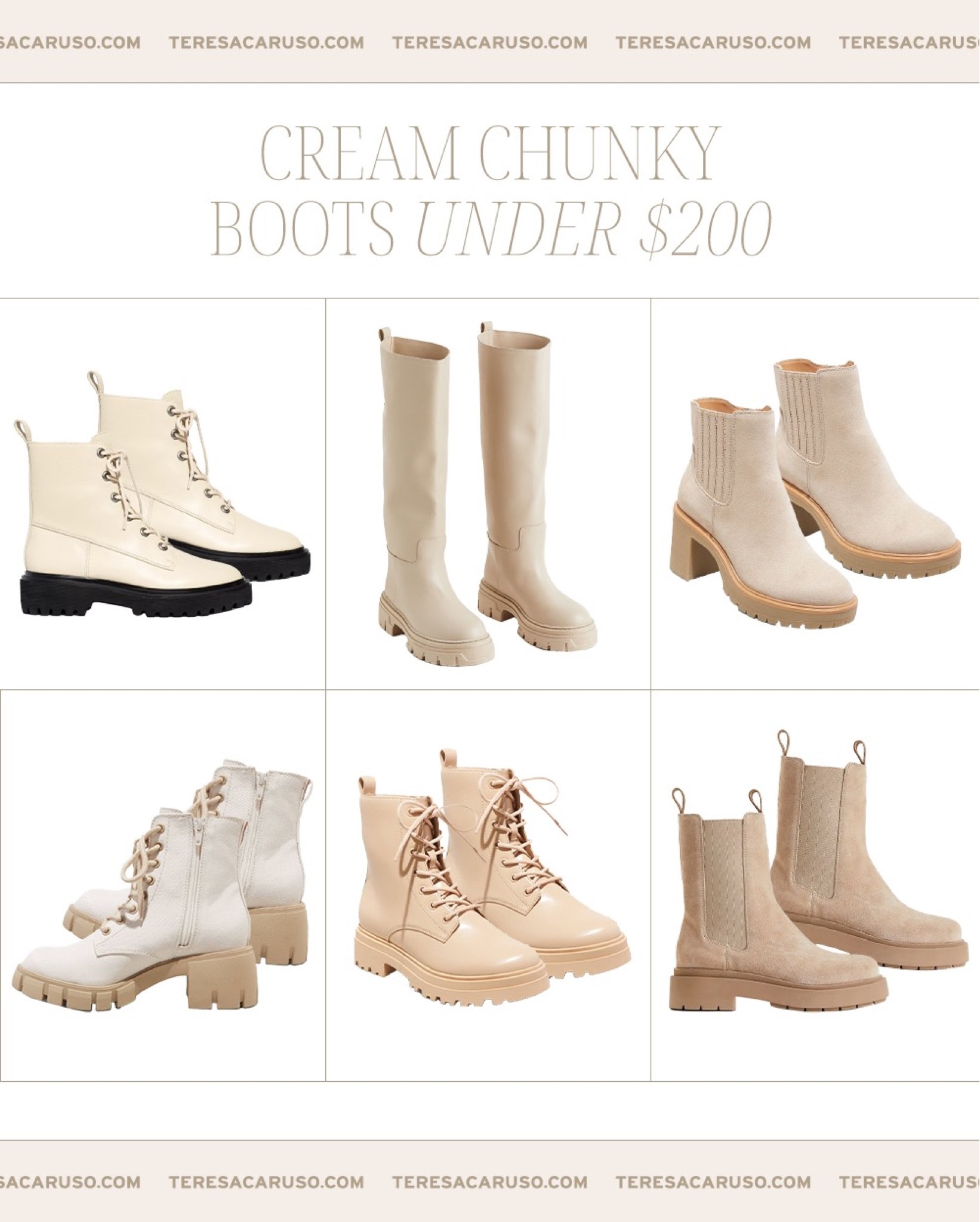 A few cream chunky boots I’m loving under $200! 

Cream boots, lug sole boots, combat boots, tall boots, Chelsea boots, fall boots

#LTKstyletip #LTKshoecrush #LTKSeasonal