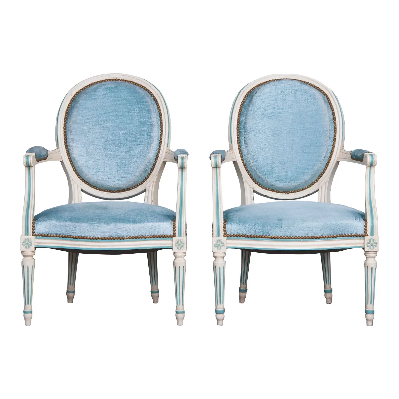 Antique French Louis XVI Style Painted Armchairs and Tabourets W/ Blue Velvet - a Pair | Chairish