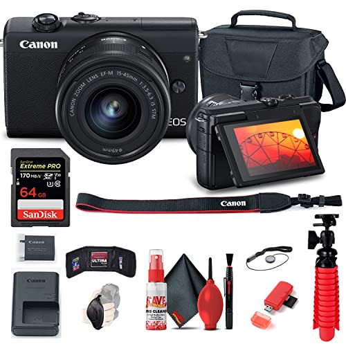 Canon EOS M200 Mirrorless Digital Camera with 15-45mm Lens (Black) (3699C009) + 64GB Memory Card + Case + Card Reader + Flex Tripod + Hand Strap + Cap Keeper + Memory Wallet + Cleaning Kit (Renewed) | Amazon (US)
