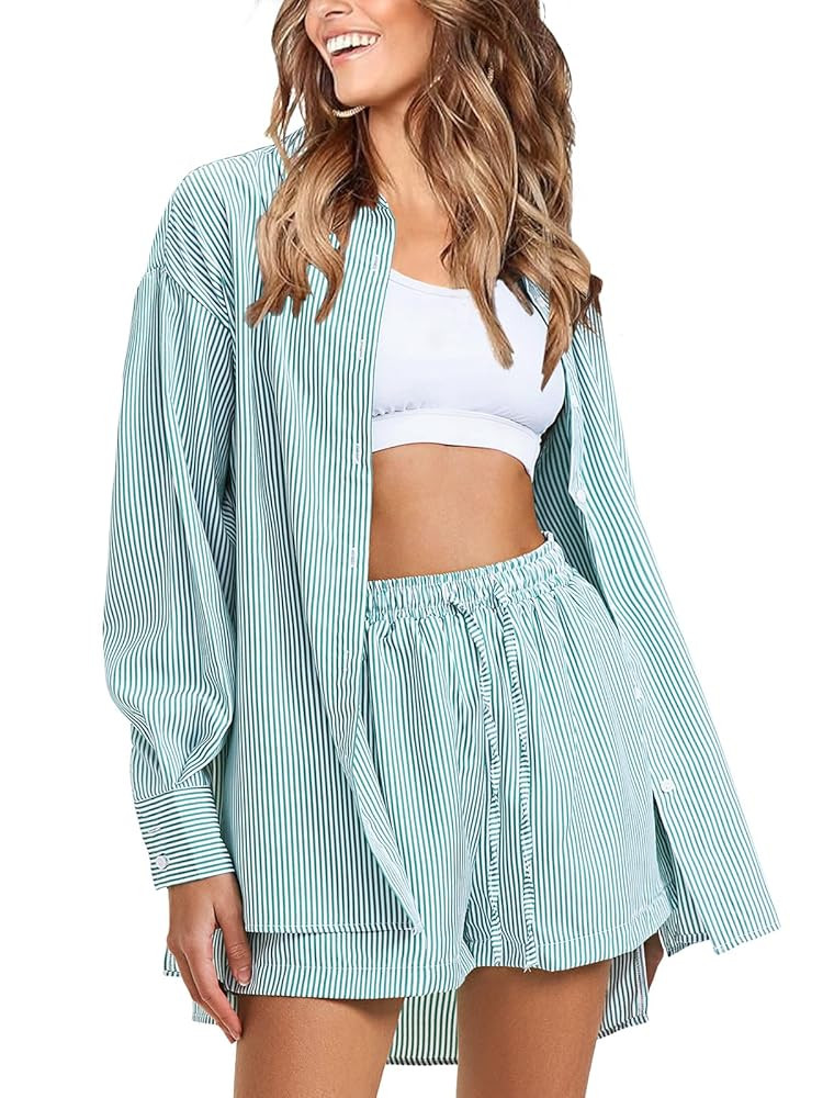 EXLURA Women's Summer 2 Piece Sets Long Sleeve Button Down Shirts Matching Short Sets Beach Vacat... | Amazon (US)