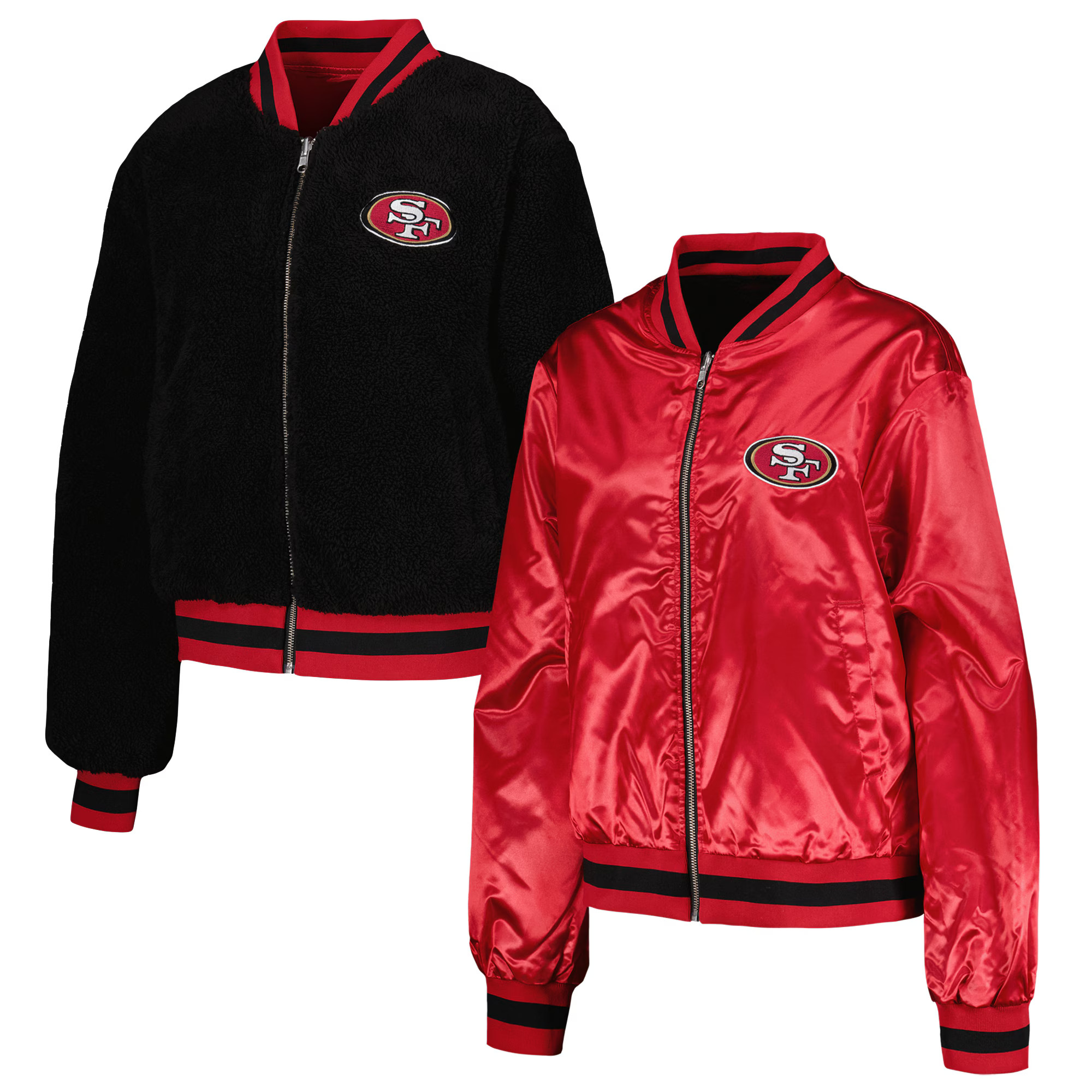 Women's San Francisco 49ers The Wild Collective Scarlet/Black Reversible Sherpa Full-Zip Bomber J... | NFL Shop