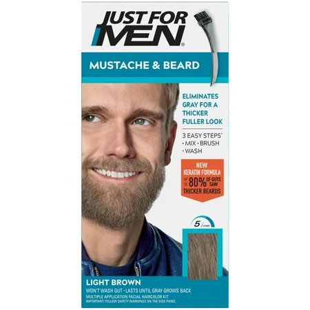 Just For Men Mustache & Beard, Beard Dye for Men with Brush Included, With Keratin Biotin Aloe and Coconut Oil for Healthy Facial Hair - Light Brown, M-25, Pack of 1 (Packaging May Vary) | Walmart (US)