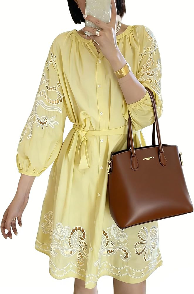 CHARTOU Women Summer Sundress Half Sleeve Dress Button Down Shirt Embroidery Lace Eyelet Tunic Dr... | Amazon (US)