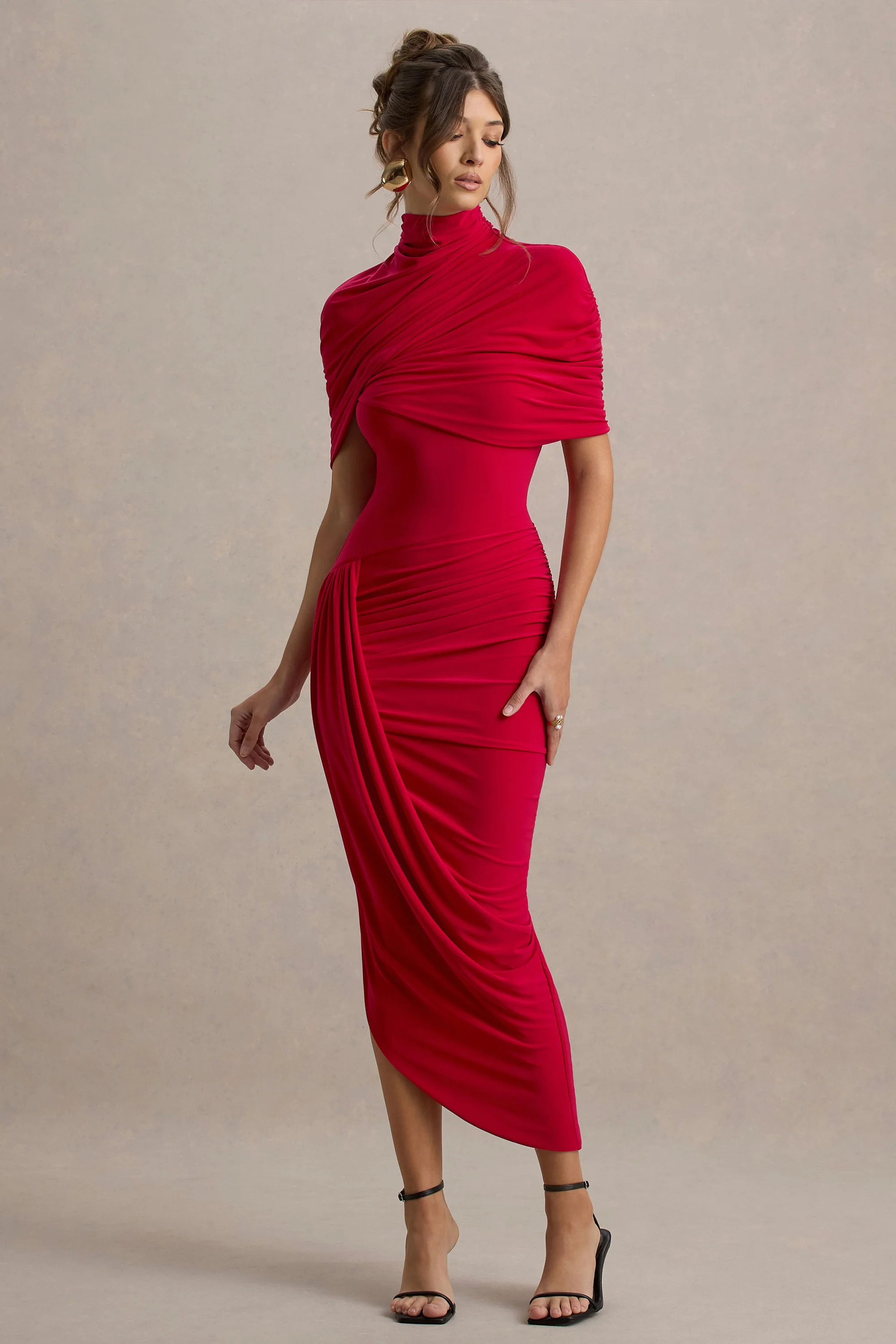 Enchant | Red Asymmetric Twisted Cape Midi Dress | Club L London