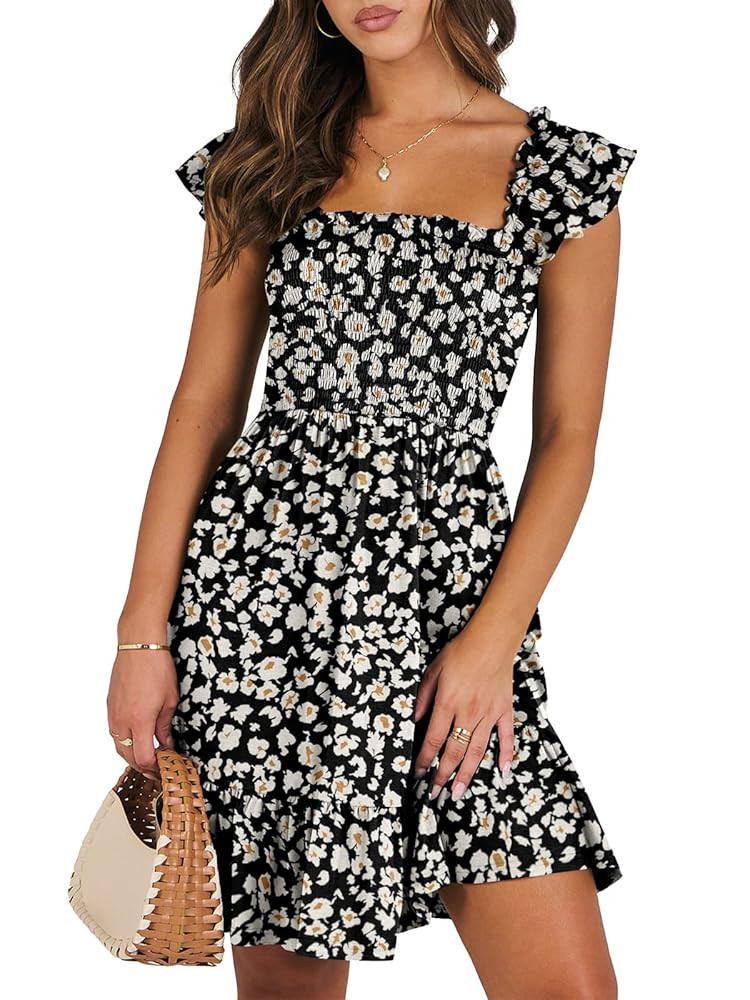 ANRABESS Women's Summer Casual Sleeveless Square Neck Dress 2025 Smocked Ruffle Backless Boho Bea... | Amazon (US)