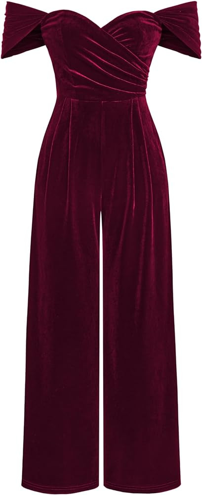 CIDER Women's Velvet Off-shoulder Solid Ruched Jumpsuit | Amazon (US)