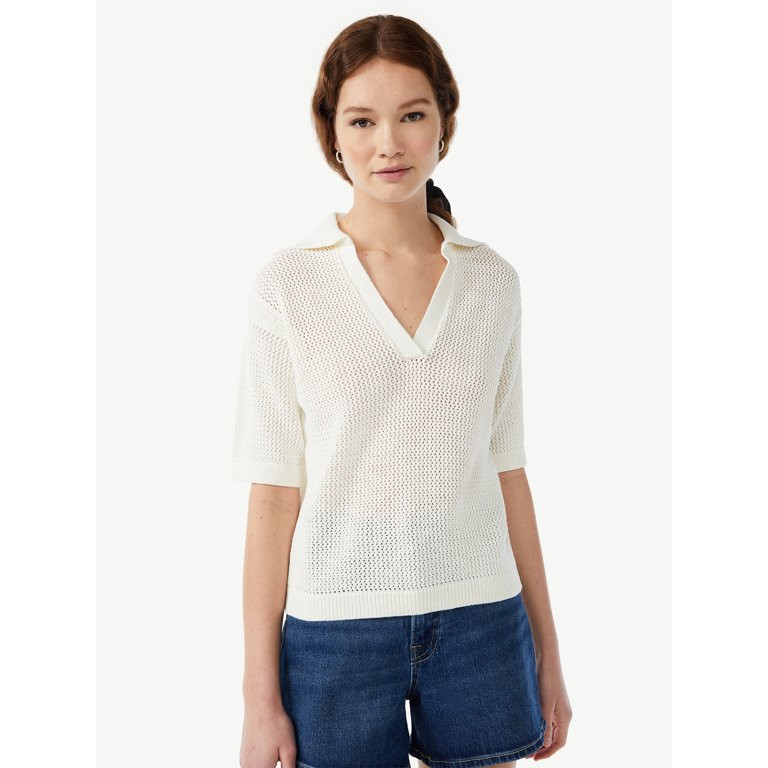 Free Assembly Women's Crochet Polo Sweater with Short Sleeves | Walmart (US)