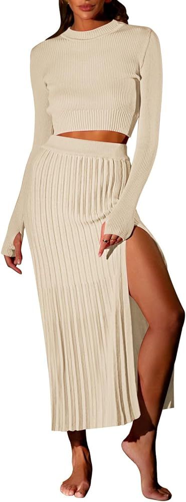 Pink Queen Women's 2 Piece Sweater Outfits Set Crop Top Long Sleeve Split Bodycon Pleated Midi Lo... | Amazon (US)